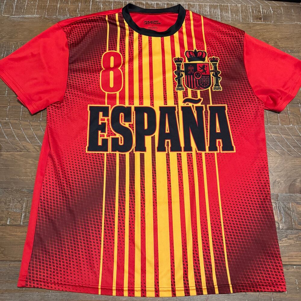 Fast Action Men XL Spain Soccer Jersey España #8 Red Yellow Striped Futbol Shirt